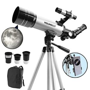 molimolly telescope for kids beginners adults, 70mm aperture 400mm az mount portable astronomical refractor telescope,adjustable height tripod travel telescope with backpack,smartphone adapter