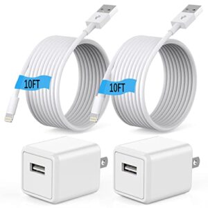 (apple mfi certified)iphone charger 10ft,2pack 10 foot long data syncing charging lightning cord cable with 2pack usb wall charger travel plug adapter box compatible with iphone 12/11 pro/11/x/xs/8/7