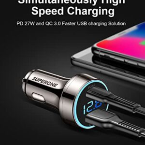 [Pure Copper] USB C Car Charger, SUPERONE 45W Dual USB Car Charger Adapter with 27W/20W PD Port, Fast QC3.0 LED Voltmeter for iPhone 14 13 Max/Pro/Plus/Mini, Pixel 7/6/5, Samsung S22/21 More