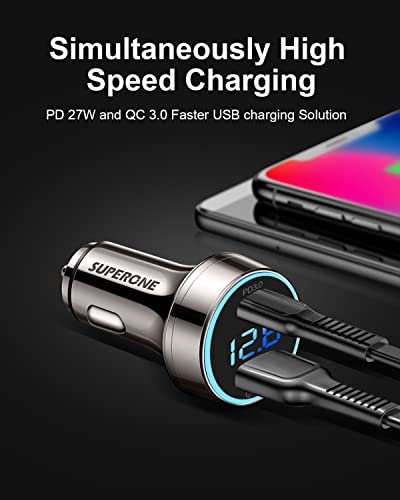 [Pure Copper] USB C Car Charger, SUPERONE 45W Dual USB Car Charger Adapter with 27W/20W PD Port, Fast QC3.0 LED Voltmeter for iPhone 14 13 Max/Pro/Plus/Mini, Pixel 7/6/5, Samsung S22/21 More