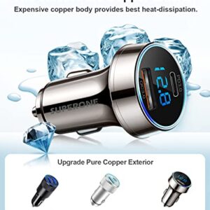 [Pure Copper] USB C Car Charger, SUPERONE 45W Dual USB Car Charger Adapter with 27W/20W PD Port, Fast QC3.0 LED Voltmeter for iPhone 14 13 Max/Pro/Plus/Mini, Pixel 7/6/5, Samsung S22/21 More