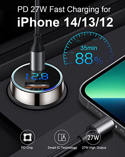 [Pure Copper] USB C Car Charger, SUPERONE 45W Dual USB Car Charger Adapter with 27W/20W PD Port, Fast QC3.0 LED Voltmeter for iPhone 14 13 Max/Pro/Plus/Mini, Pixel 7/6/5, Samsung S22/21 More