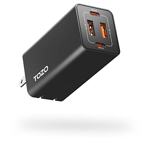 TOZO C2 USB C 65W Fast Foldable Wall Charger PD Power Adapter 4 Ports Compatible for MacBook Pro/Air, iPad Pro, USB-C Laptops, iPhone 14/13/12/Pro/Pro Max, Samsung S22/21, Black(Cable not Included)