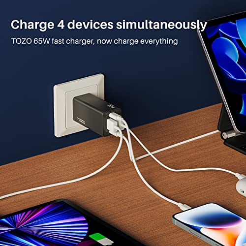 TOZO C2 USB C 65W Fast Foldable Wall Charger PD Power Adapter 4 Ports Compatible for MacBook Pro/Air, iPad Pro, USB-C Laptops, iPhone 14/13/12/Pro/Pro Max, Samsung S22/21, Black(Cable not Included)