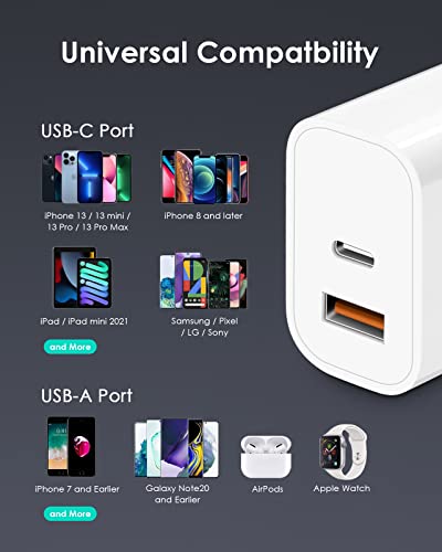 Charger Block USB and USB C Port [3 Pack] USB Wall Charger Multiport [PD 20W USB-C & QC 3.0 USB Port] Compatible with iPhone 13/12/11/X/8, iPad, Samsung, Google, Galaxy and More