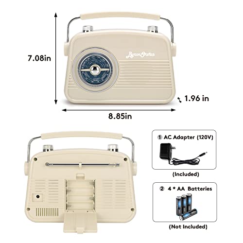 ByronStatics Portable Radio AM FM, Vintage Retro Radio with Built in Speakers, Best Reception and Longest Lasting, Power Plug or 1.5V AA Battery - Cream