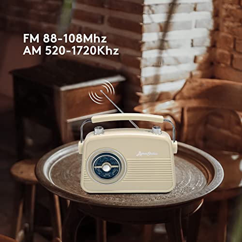 ByronStatics Portable Radio AM FM, Vintage Retro Radio with Built in Speakers, Best Reception and Longest Lasting, Power Plug or 1.5V AA Battery - Cream