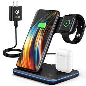 wireless charging station, 2023 upgraded 3 in 1 wireless charger stand with breathing indicator compatible with iphone 14/13/12/11 pro/xs, airpods 3/2/1/pro 2, iwatch series 8/7/6/5/4/3,samsung phones