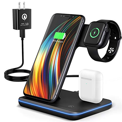 Wireless Charging Station, 2023 Upgraded 3 in 1 Wireless Charger Stand with Breathing Indicator Compatible with iPhone 14/13/12/11 Pro/XS, AirPods 3/2/1/pro 2, iWatch Series 8/7/6/5/4/3,Samsung Phones