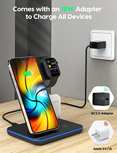 Wireless Charging Station, 2023 Upgraded 3 in 1 Wireless Charger Stand with Breathing Indicator Compatible with iPhone 14/13/12/11 Pro/XS, AirPods 3/2/1/pro 2, iWatch Series 8/7/6/5/4/3,Samsung Phones