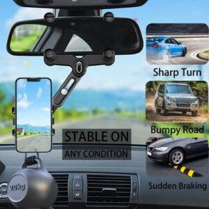 Rearview Mirror Phone Holder for Car,360°Rotatable and Retractable Car Phone Holder Multifunctional Rear View Mirror Phone Holder,Four Corners Fixed Anti-Shake Design,for All Mobile Phones and All Car