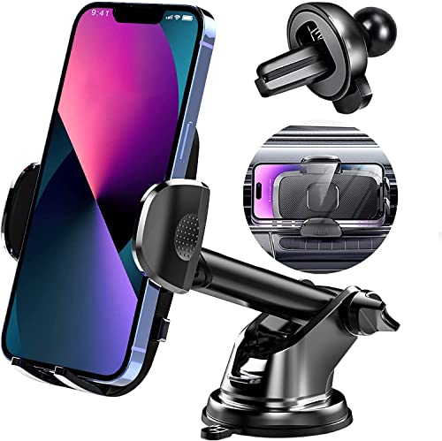 MLIFEMFUL Phone Mount for Car, 3 in 1 Car Phone Holder Mount Long Arm High Temperature Resistance Suction Cup,Cell Phone Holder for iPhone & All Smartphone Dashboard Windshield Vent Clip Compatible