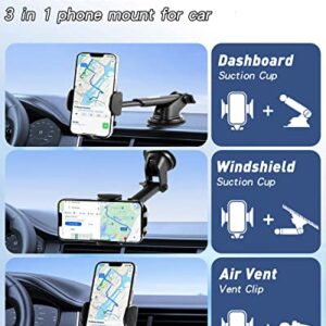 MLIFEMFUL Phone Mount for Car, 3 in 1 Car Phone Holder Mount Long Arm High Temperature Resistance Suction Cup,Cell Phone Holder for iPhone & All Smartphone Dashboard Windshield Vent Clip Compatible