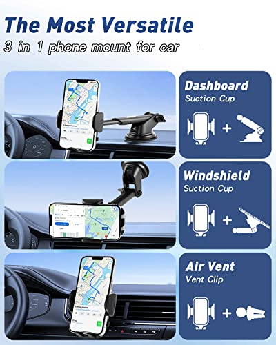 MLIFEMFUL Phone Mount for Car, 3 in 1 Car Phone Holder Mount Long Arm High Temperature Resistance Suction Cup,Cell Phone Holder for iPhone & All Smartphone Dashboard Windshield Vent Clip Compatible