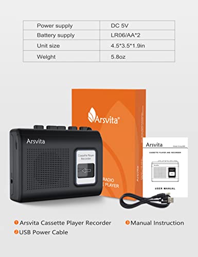 Arsvita Walkman Cassette Player, Portable Tape Recorder, Build-in Speaker and Microphone,Black