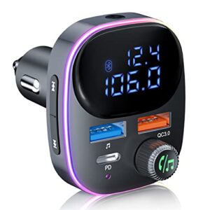 bluetooth 5.3 fm transmitter for car radio [2023 new], soarun bluetooth car adapter [pd 20w+qc 3.0] [large lcd screen], supports handsfree call siri google assistant u disk, 7 color led backlit