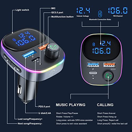 Bluetooth 5.3 FM Transmitter for Car Radio [2023 New], SOARUN Bluetooth Car Adapter [PD 20W+QC 3.0] [Large LCD Screen], Supports Handsfree Call Siri Google Assistant U Disk, 7 Color LED Backlit