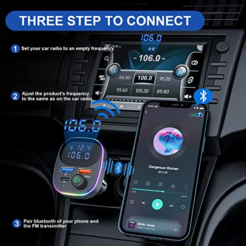 Bluetooth 5.3 FM Transmitter for Car Radio [2023 New], SOARUN Bluetooth Car Adapter [PD 20W+QC 3.0] [Large LCD Screen], Supports Handsfree Call Siri Google Assistant U Disk, 7 Color LED Backlit