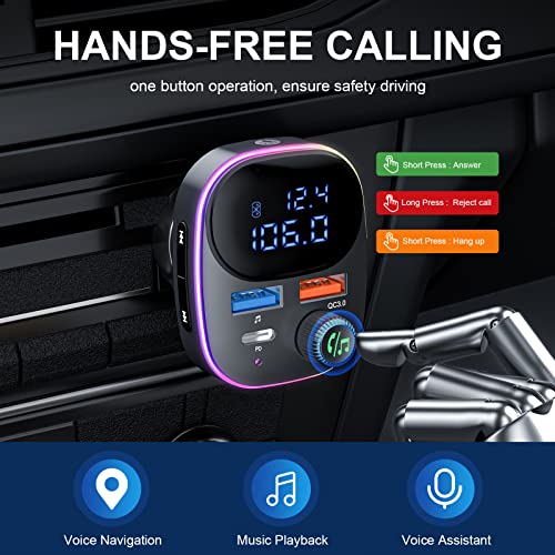 Bluetooth 5.3 FM Transmitter for Car Radio [2023 New], SOARUN Bluetooth Car Adapter [PD 20W+QC 3.0] [Large LCD Screen], Supports Handsfree Call Siri Google Assistant U Disk, 7 Color LED Backlit