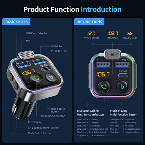 UNBREAKcable Bluetooth FM Transmitter for Car, PD 36W Fast Charging, Wireless Bluetooth FM Radio Adapter, Cigarette Lighter Car Kit Hands-Free Calls, HiFi Bass Boost MP3 Music Player Support USB Drive