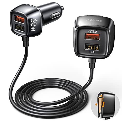 60W USB Car Charger - AINOPE [4 Multi USB Ports] [QC 36W] Fast Car Charger Adapter[5FT Cable] QC 3.0 Cigarette Lighter Adapter Back Seat Charging for iPhone Samsung iPad MacBook Fire Tablet and More