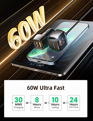 60W USB Car Charger - AINOPE [4 Multi USB Ports] [QC 36W] Fast Car Charger Adapter[5FT Cable] QC 3.0 Cigarette Lighter Adapter Back Seat Charging for iPhone Samsung iPad MacBook Fire Tablet and More