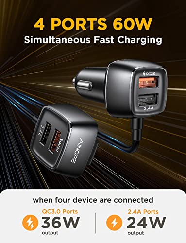 60W USB Car Charger - AINOPE [4 Multi USB Ports] [QC 36W] Fast Car Charger Adapter[5FT Cable] QC 3.0 Cigarette Lighter Adapter Back Seat Charging for iPhone Samsung iPad MacBook Fire Tablet and More