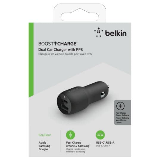 Belkin 37 Watt Dual USB Car Charger - Power Delivery 25W USB C Port & 12W USB A Port for PPS Charging Apple iPhone 14, 14 Pro, 14 Pro Max, iPhone 13, Samsung Galaxy, AirPods & More