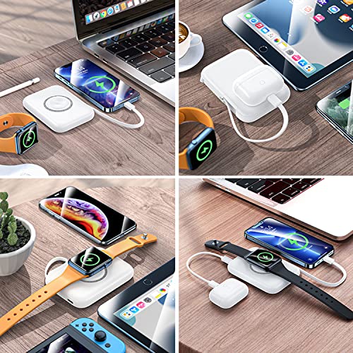 HUOTO Portable Charger,5000mAh Mini iWatch Magnetic Charger Power Bank with Built in Charging Cable,Travel Charger External Battery Pack Compatible with Apple Watch/iPhone 11/13/12/Smartphones/Airpods