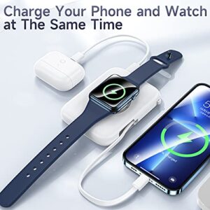 HUOTO Portable Charger,5000mAh Mini iWatch Magnetic Charger Power Bank with Built in Charging Cable,Travel Charger External Battery Pack Compatible with Apple Watch/iPhone 11/13/12/Smartphones/Airpods