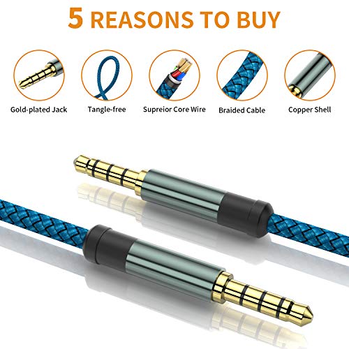 2 Pack TRRS 3.5mm Audio Cable, 5Ft MCSPER 4-Conductor (4 Pole) with Mic[Microphone Compatible] Nylon Braided Aux Cord Compatible Car Home Stereos,Speaker,Headphones,Sony(Blue)