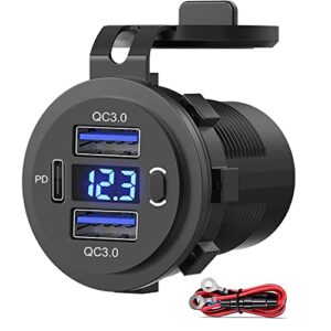 Dual USB Quick Charge 3.0 Port & PD USB C Car Charger Socket, 12V USB Outlet with Voltmeter and Power Switch for Car Boat Marine Truck