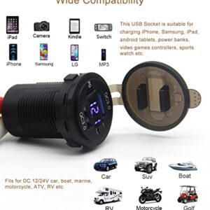 Dual USB Quick Charge 3.0 Port & PD USB C Car Charger Socket, 12V USB Outlet with Voltmeter and Power Switch for Car Boat Marine Truck