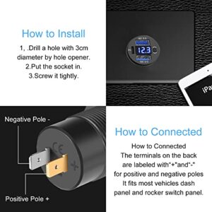 Dual USB Quick Charge 3.0 Port & PD USB C Car Charger Socket, 12V USB Outlet with Voltmeter and Power Switch for Car Boat Marine Truck