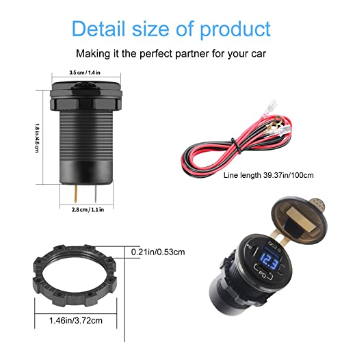 Dual USB Quick Charge 3.0 Port & PD USB C Car Charger Socket, 12V USB Outlet with Voltmeter and Power Switch for Car Boat Marine Truck