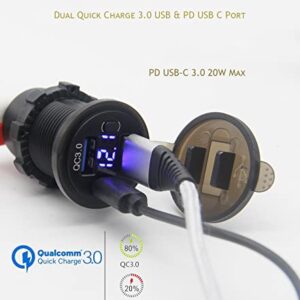 Dual USB Quick Charge 3.0 Port & PD USB C Car Charger Socket, 12V USB Outlet with Voltmeter and Power Switch for Car Boat Marine Truck
