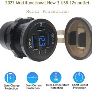 Dual USB Quick Charge 3.0 Port & PD USB C Car Charger Socket, 12V USB Outlet with Voltmeter and Power Switch for Car Boat Marine Truck