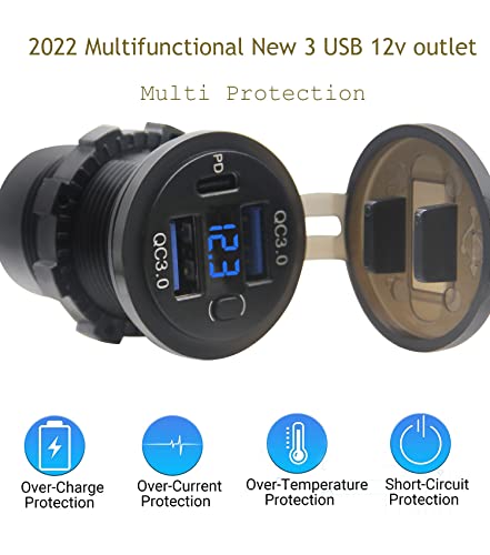 Dual USB Quick Charge 3.0 Port & PD USB C Car Charger Socket, 12V USB Outlet with Voltmeter and Power Switch for Car Boat Marine Truck