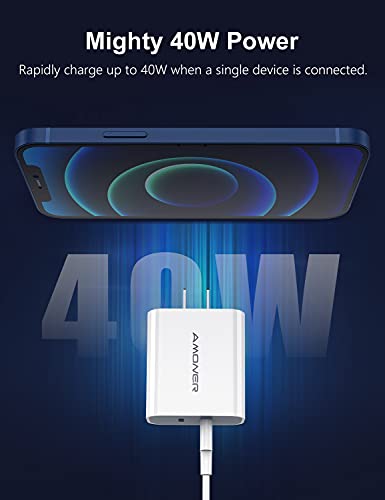 USB C Charger, Amoner 40W for iPhone 13 Fast Charger, Dual Ports USB-C Wall Charger with PD 3.0 Power Delivery Adapter for iPhone 14/13/12/12 Pro/12 Pro Max/12 Mini/11,Galaxy,Pixel 4/3