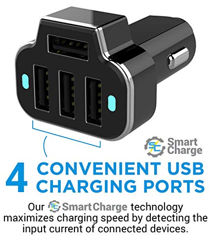 Aduro 4 Port Car Charger USB Adapter, 12V Fast Car Charger USB Adapter Power Station 5.2A/26W Output (Black)