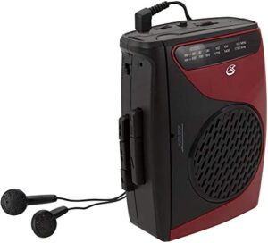 gpx portable cassette player, 3.54 x 1.57 x 4.72 inches, requires 2 aa batteries – not included, red/black (cas337b) black/red