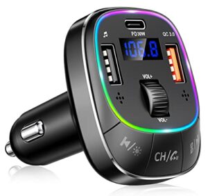 riwusi bluetooth car adapter, [pd 30w+qc 3.0] [stronger dual mic & bass boost] bluetooth 5.0 fm transmitter for car, hands-free music player/car kit with stunning 8 colors backlit & u disk