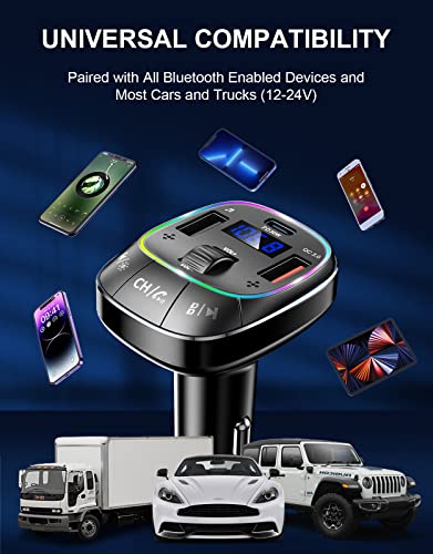 RIWUSI Bluetooth Car Adapter, [PD 30W+QC 3.0] [Stronger Dual Mic & Bass Boost] Bluetooth 5.0 FM Transmitter for Car, Hands-Free Music Player/Car Kit with Stunning 8 Colors Backlit & U Disk