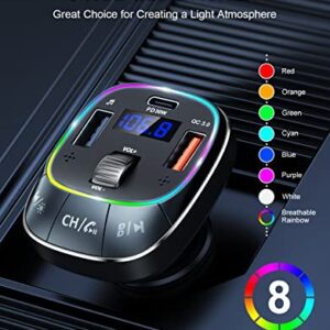 RIWUSI Bluetooth Car Adapter, [PD 30W+QC 3.0] [Stronger Dual Mic & Bass Boost] Bluetooth 5.0 FM Transmitter for Car, Hands-Free Music Player/Car Kit with Stunning 8 Colors Backlit & U Disk