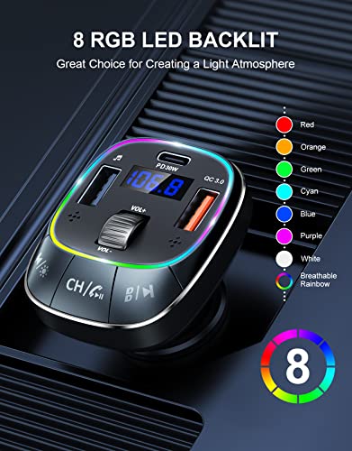 RIWUSI Bluetooth Car Adapter, [PD 30W+QC 3.0] [Stronger Dual Mic & Bass Boost] Bluetooth 5.0 FM Transmitter for Car, Hands-Free Music Player/Car Kit with Stunning 8 Colors Backlit & U Disk