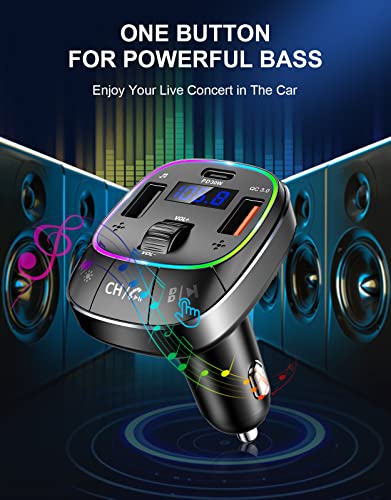 RIWUSI Bluetooth Car Adapter, [PD 30W+QC 3.0] [Stronger Dual Mic & Bass Boost] Bluetooth 5.0 FM Transmitter for Car, Hands-Free Music Player/Car Kit with Stunning 8 Colors Backlit & U Disk