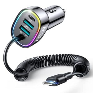usb c car charger, 60w 4 port fast car charger [pd& qc3.0 quick charge] [extendable coiled type c cable] multi port cigarette lighter adapter for samsung galaxy s22/21/10+/google pixel/iphone/android