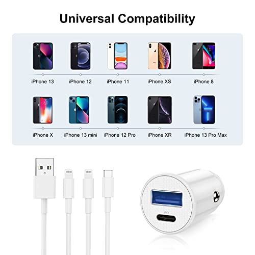 iPhone Car Charger Apple MFi Certified, USB C Car Charger Adapter Fast Charging for iPhone 14 Pro/13 Pro Max/12/11/XS/Plus/iPad, Dual Port Cigarette Lighter with 2Pack Lightning to USB C/A Cable