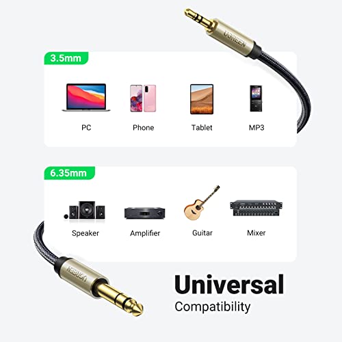 UGREEN 1/8 to 1/4 Stereo Cable 3.5mm TRS to 6.35mm Audio Cable Guitar to Aux Male Cord with Zinc Alloy Housing and Nylon Braid for Guitar, Laptop, Home Theater Devices, Speaker and Amplifiers 6FT