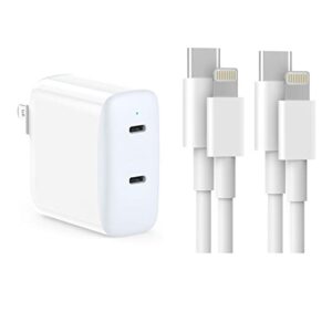 dual usb c charger block + 2 pack 6.6ft usb c to l charging cable for iphone 14, 14 pro max, 13, 13 pro, 12, 12 pro, 11, 11 pro, ipad pro, ipad air, samsung galaxy, google pixel, magsafe, iwatch, airp